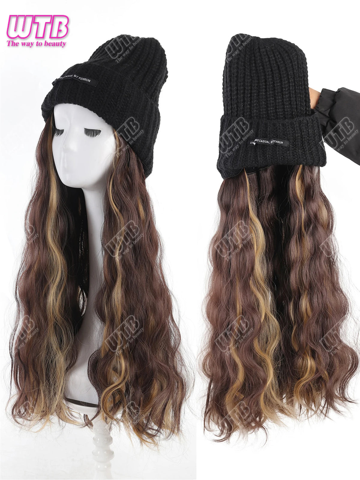 Synthetic Wig Black Hat With Long Curly Hair Extensions; Knitted Hat; Warm Ski Hat For Autumn And Winter