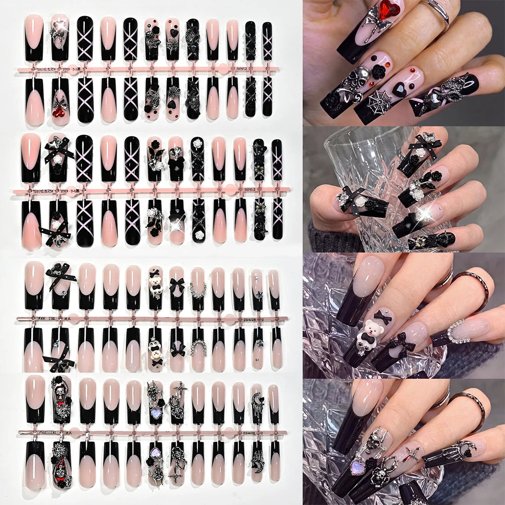 96Pcs Y2k Halloween Punk Black French Fake Nails 3D Metal Alloy (Cross Butterfly Skull Spider) Horror Press On Nail Gothic Nails