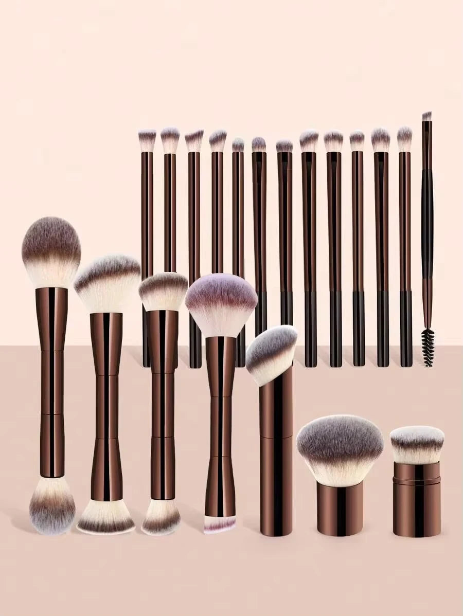 22-piece professional makeup tool set, including a velvet storage bag, 20 soft long aluminum tube  brushes + 2 powder puff