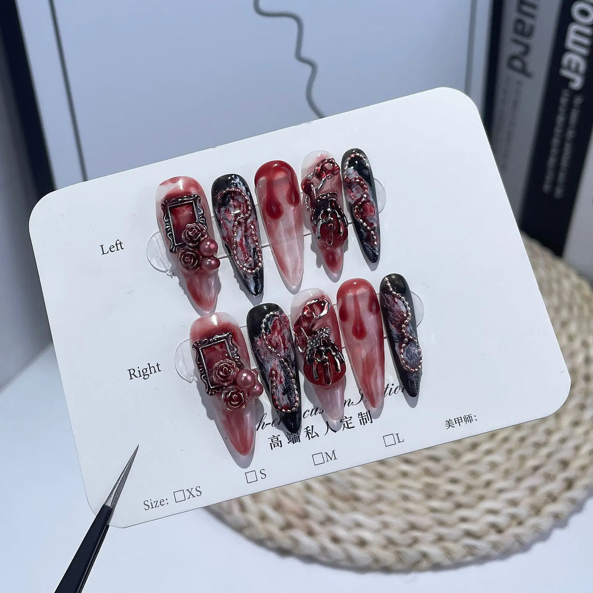 Mysterious Gothic Press On Nails Dark Red Black With Intricate 3D Decor For Events  Dark Red With Rose Skull 3D Decor Easy To