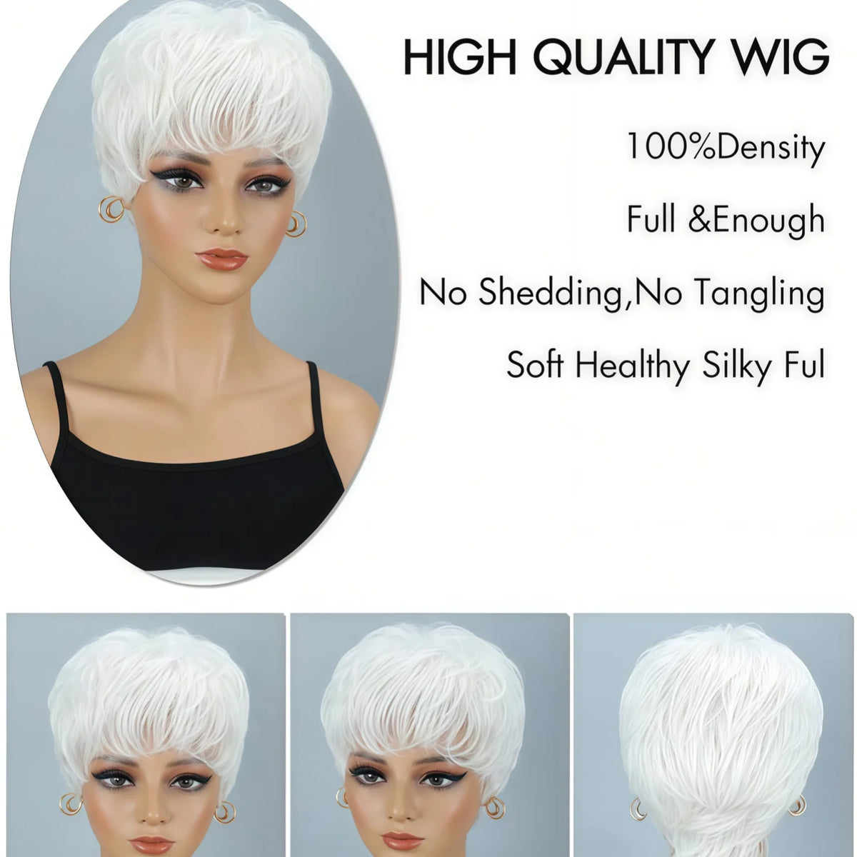 Ladies' Short Straight Wig, White, High-Density, Heat-Resistant, Breathable Rose-Colored Mesh Cap, White Straight Synthetic Wig