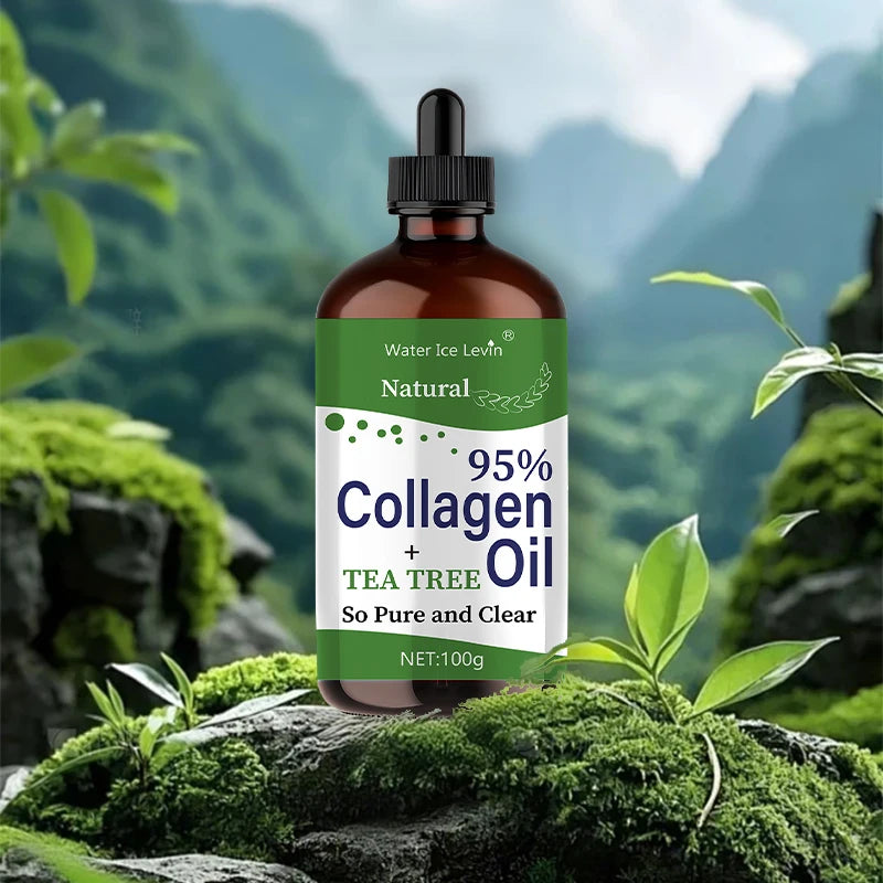 Tea Tree Collagen Oil 95% Pure Collagen Infusion. Smoothes Nourishes Skin. Lightweight Non-Greasy Feel. 100g Clear Formula.