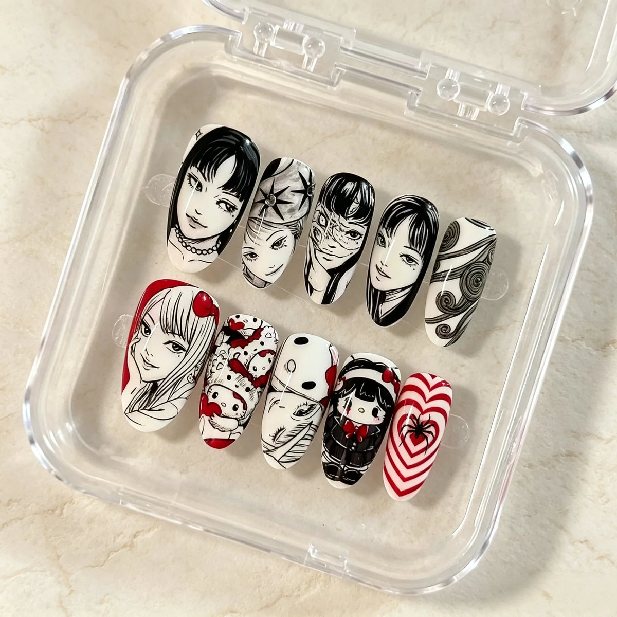 30pcs Gothic Horror Press On Nails Medium Oval Fake Nail Black‑White Portrait Red Heart Spider Halloween False Nail for Women