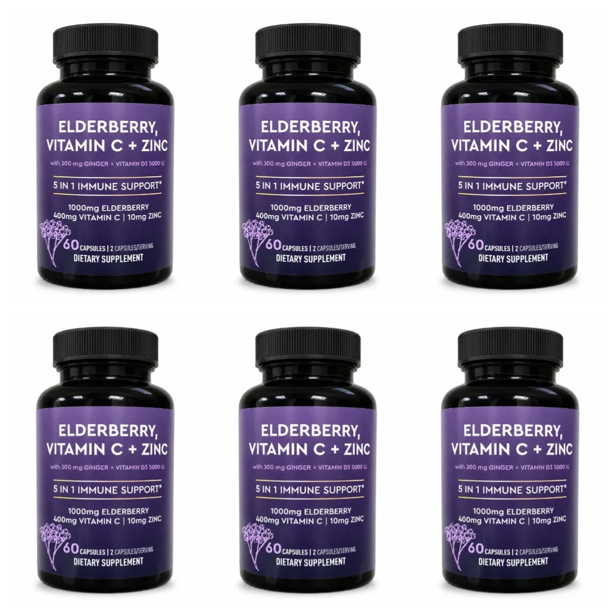 Elderberry Vitamin C Zinc Supplement with D3 5000 IU, Ginger Root Extract Sambucus Nigra Capsules 60 Count