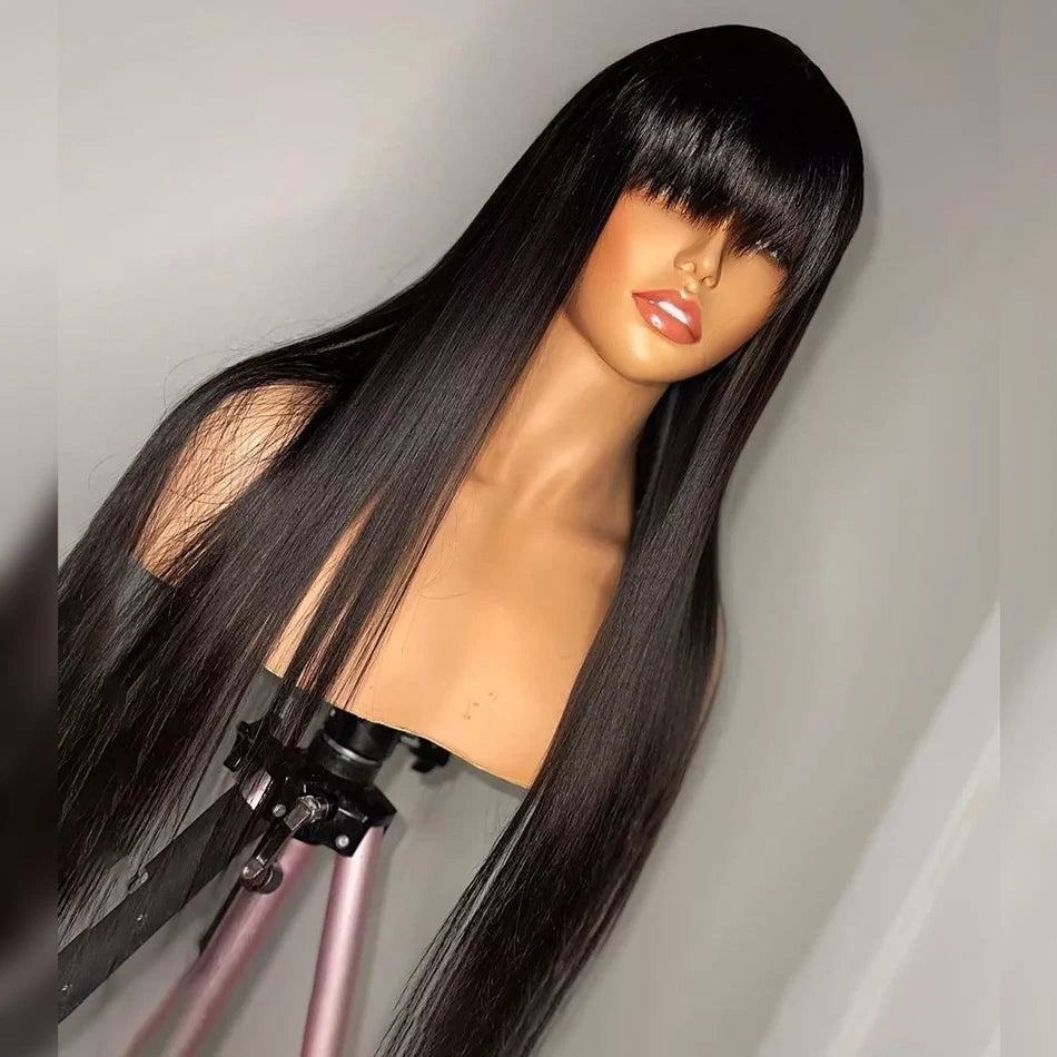 Silky Straight Human Hair Wigs With Bang Full Machine Made Wigs 8-30inch Natural Color AHJF Peruvian Remy Human Hair Wigs 220%