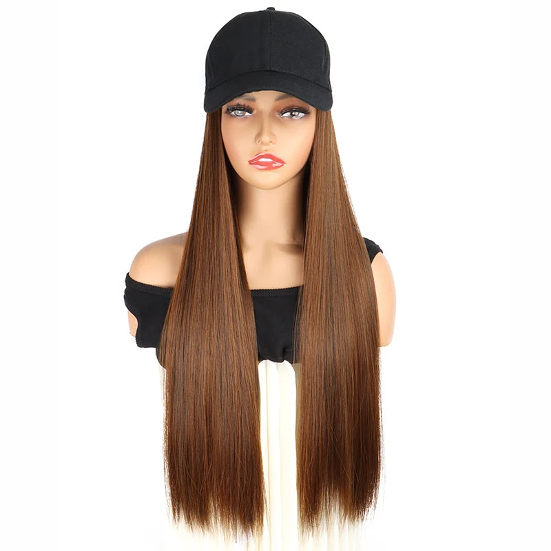 24Inch Synthetic Long Straight Baseball Hat Adjustable Wig Black Brown Hairpiece for Women