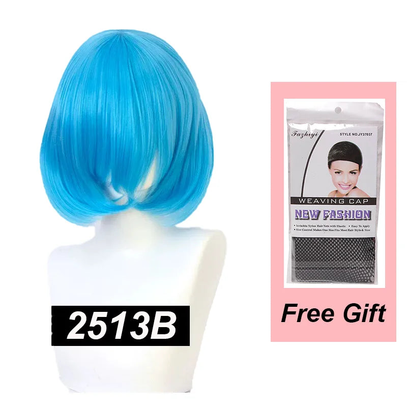 Snoya 35cm Synthetic Short Bob Straight Hair with Trimmable Bangs Lolita Pink Green Blonde Red Cosplay Wigs for Women+Wig Cap