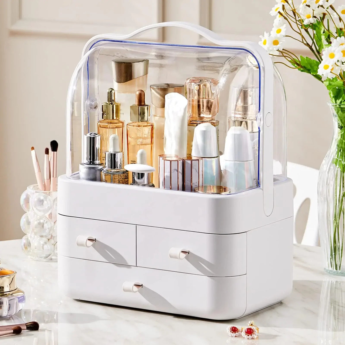 Large Cosmetics Receiving Box Dust-Proof Desktop Makeup Organizer with Drawer for Skin Care Products Household Storage Box Shelf