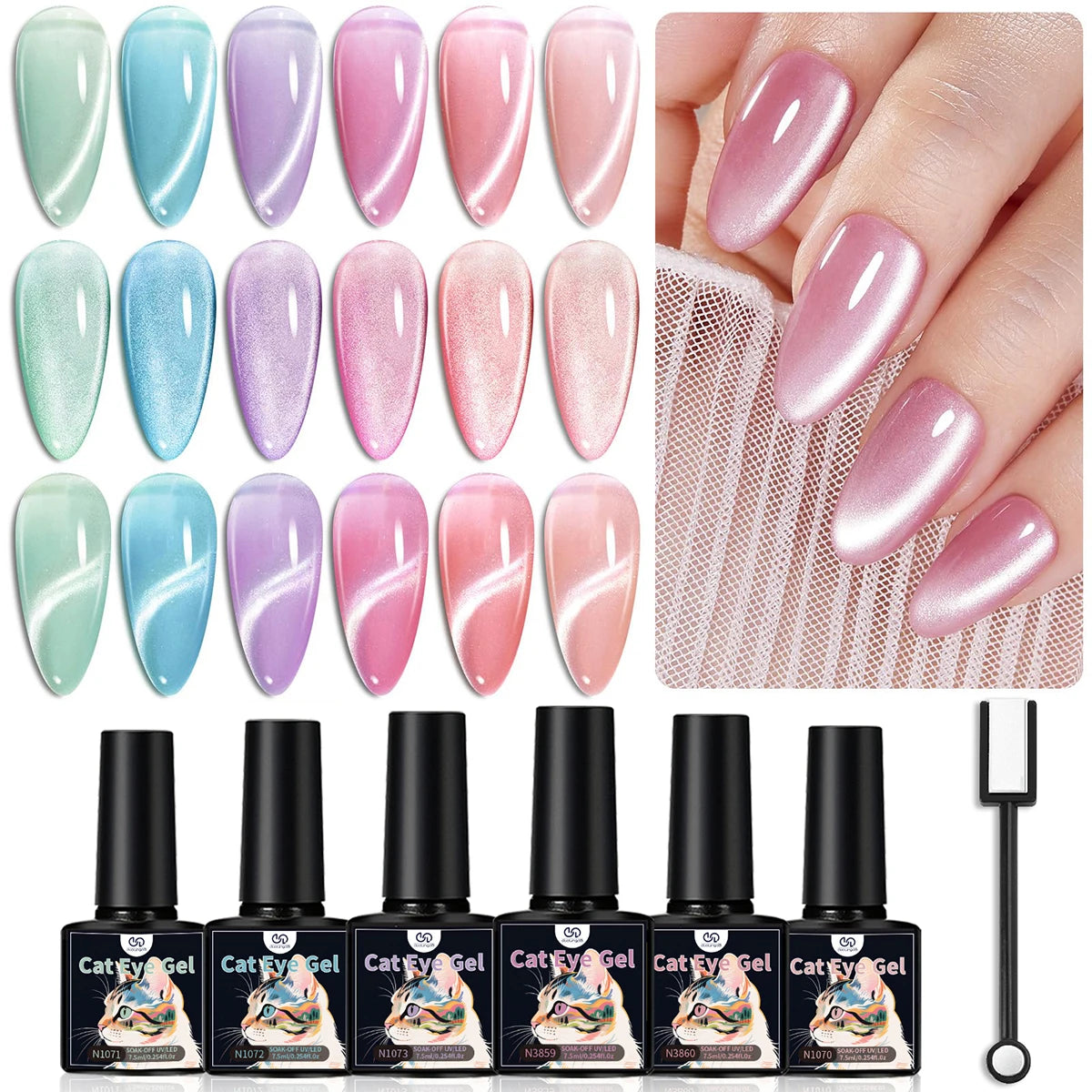 6PCS Christmas Nails Whitening 2025 Style Hot-selling Northern Lights Pearl Cat Eye Magnet Gel Nail Polish Nail Art