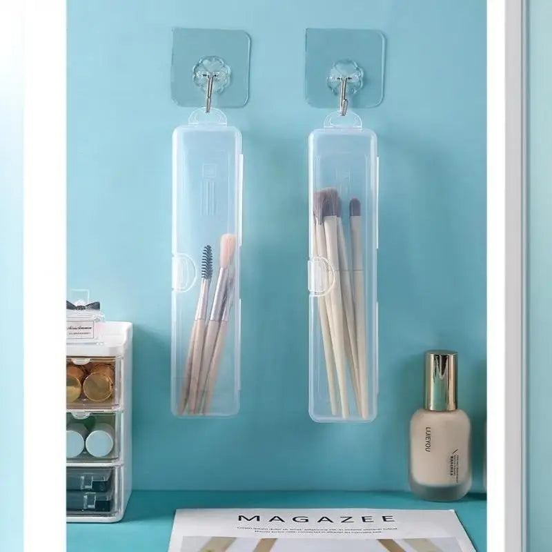 3PCS Transparent Makeup Brush Organizer CaseTravel Cosmetic Brush Storage Box Dustproof Snap-Close Holder With Hanging Loop