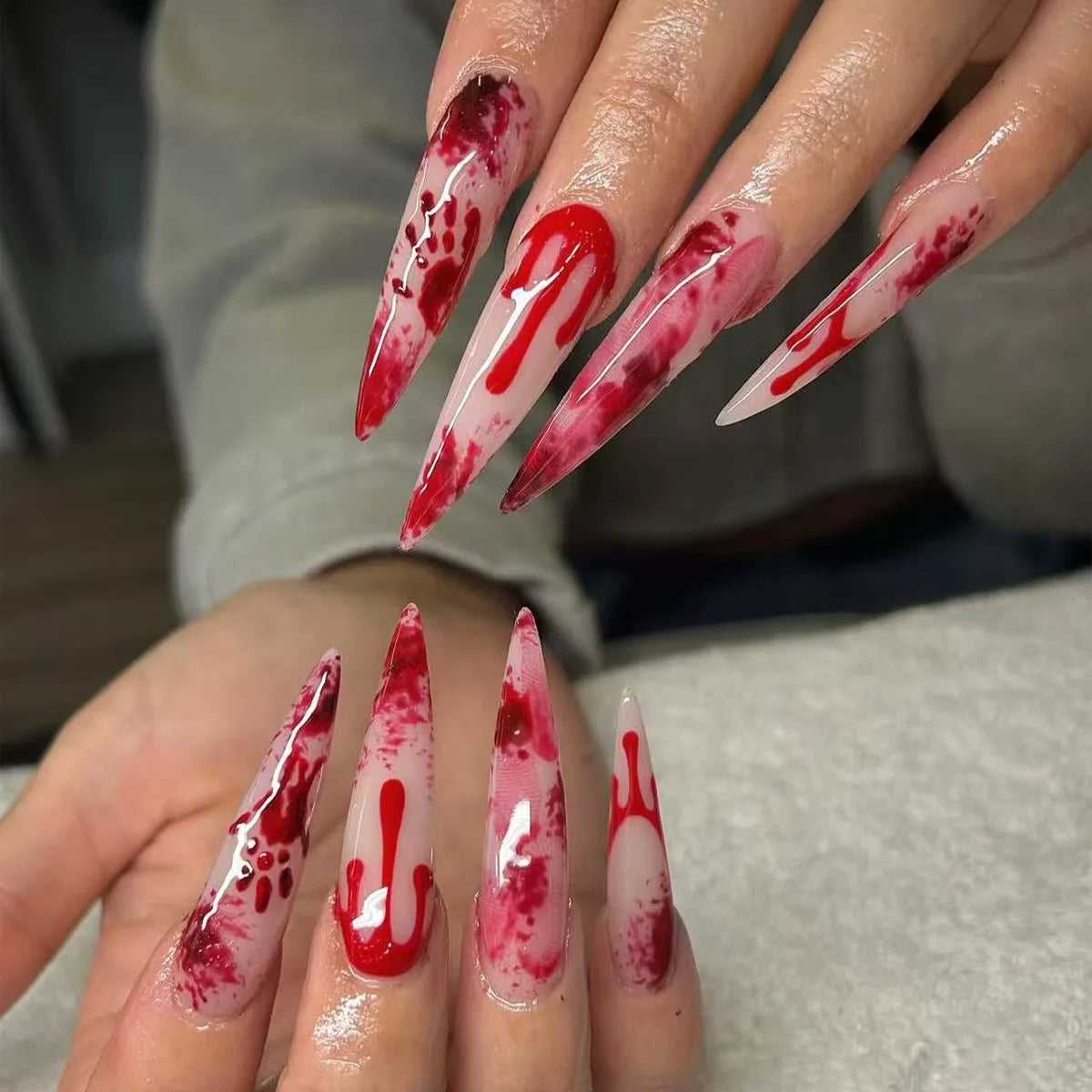 24PCS Gothic Red Smudging Long Stiletto Fake Nails 3D Metallic Silver Chain French Press on Nails Full Cover Halloween Nail Tips