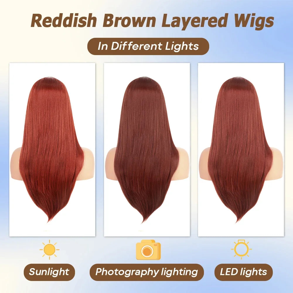 HD Straight Lace Front Wig Layered Wigs Reddish Brown Layered Cut Lace Wigs Copper Red Synthetic Butterfly Haircut Glueless Wigs