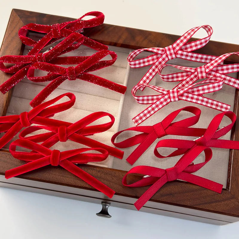 Christmas New Year Festival HairClips Set Winter Velvet Red Bow Barrettes for Girls Sweet Hairpin Children Cute Hair Accessories