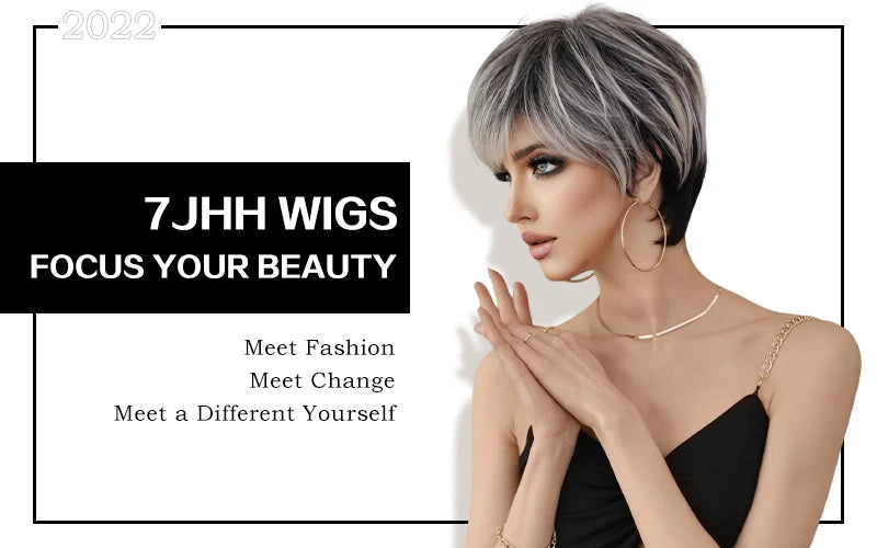 7JHH WIGS Ombre Black Blonde Bob Wig for Women Daily Party Synthetic Straight Short Hair Wig with Fluffy Bangs Pixie Cut Wigs