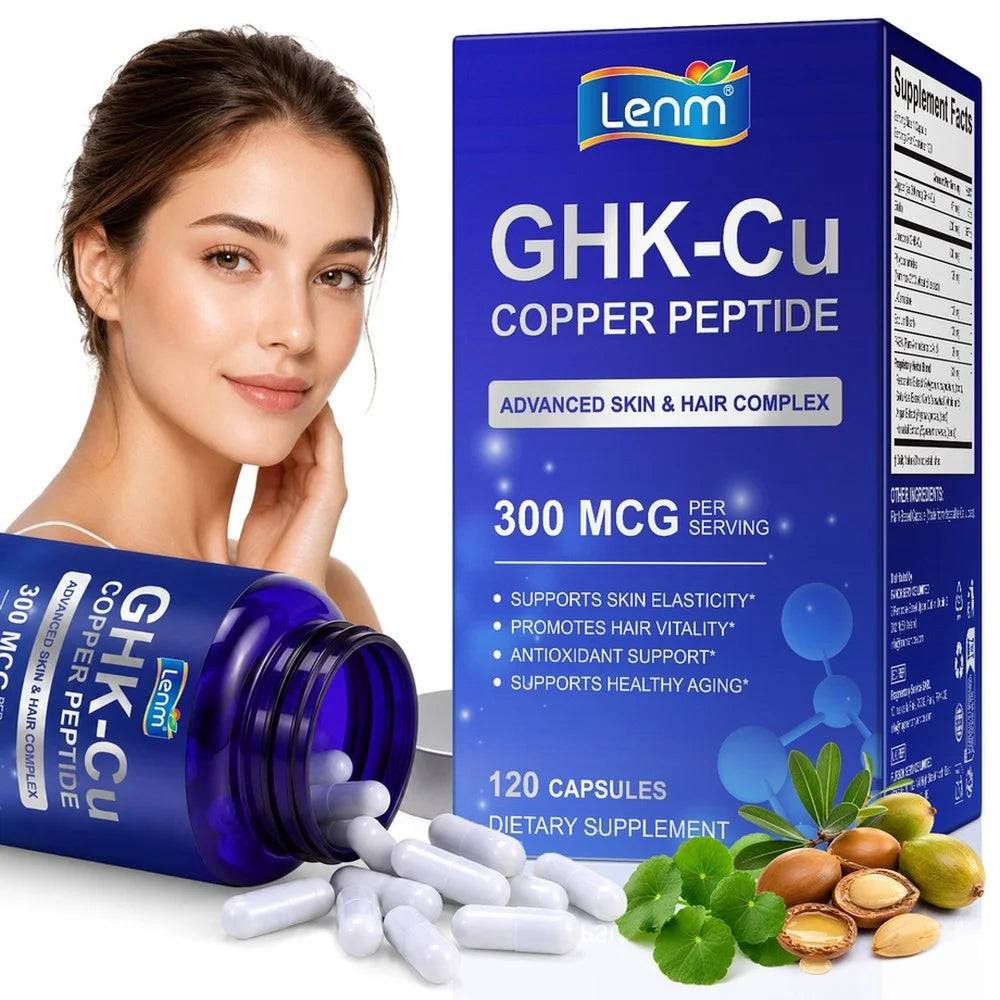 Lenm Liposomal GHK-Cu Copper Peptide - 120 Vegan Capsules with Biotin Phytoceramides for Skin Elasticity & Hair Growth Support