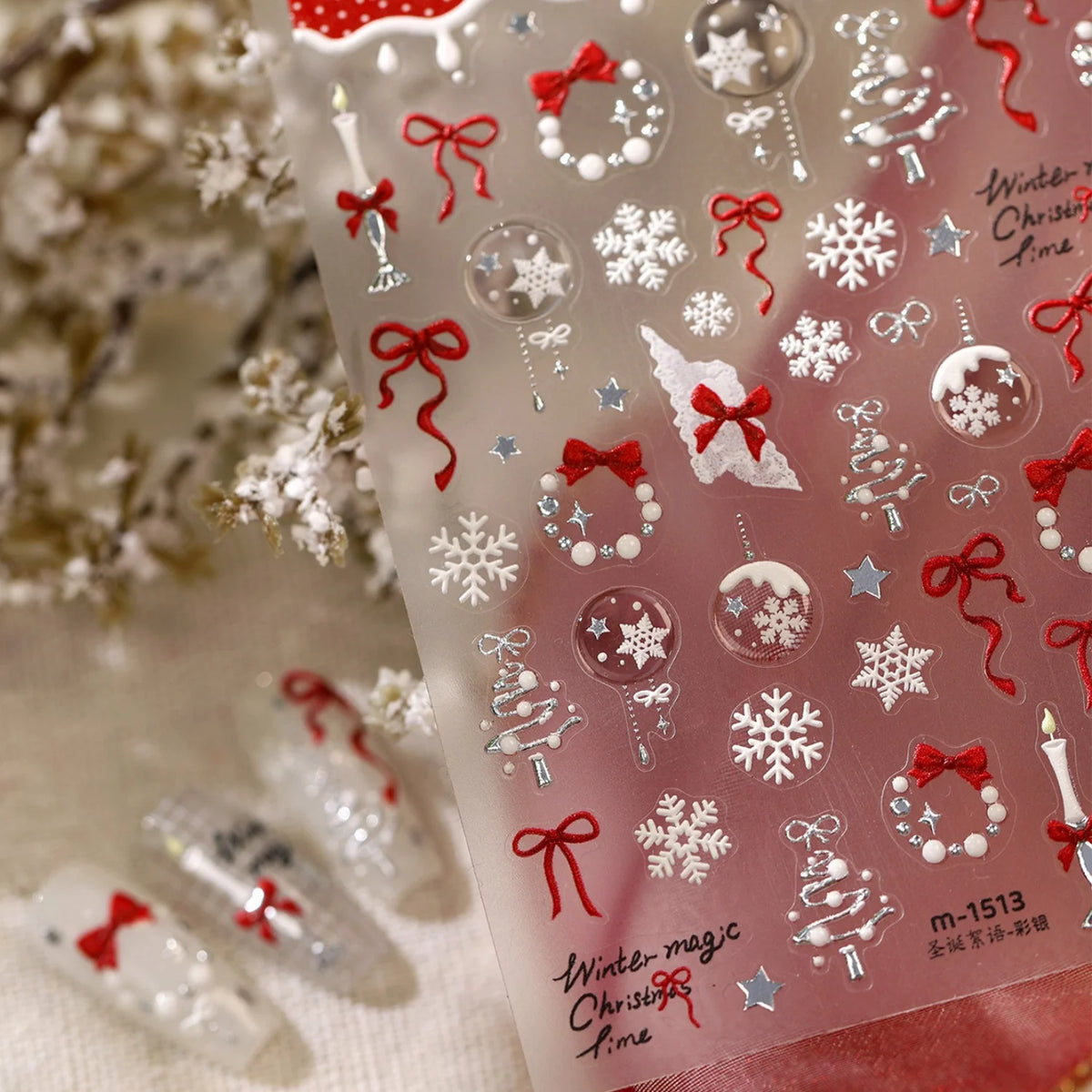 Silver Trim Silver Foil 5D Christmas Nail Stickers White Bow Pearl Chain Xmas Wreath Snowflake Xmas Tree Nail Manicure Supplies