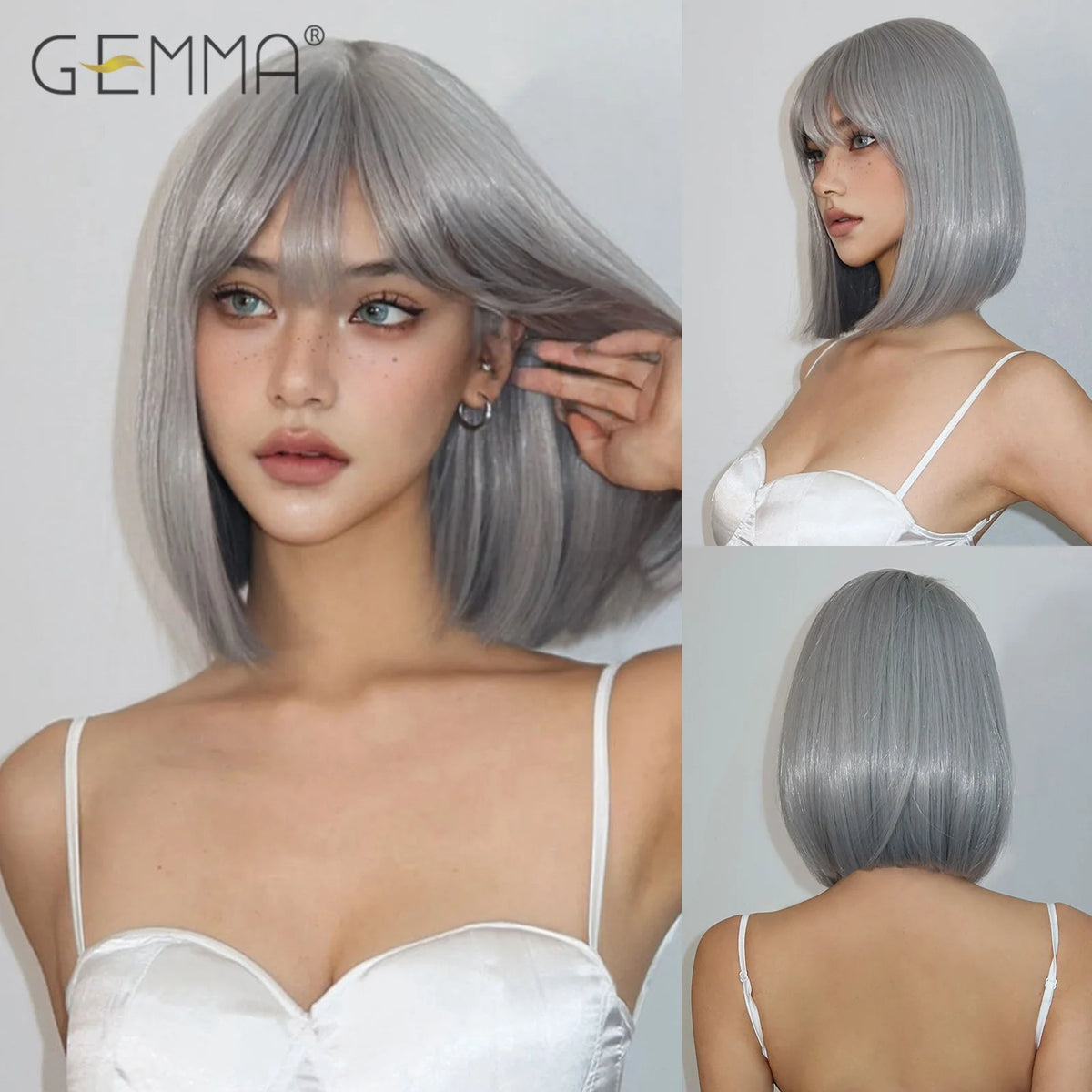 GEMMA Dark Brown Bob Synthetic Natural Hair Wig with Fluffy Bangs for Women Short Straight Wigs Heat Resistant Daily Cosplay Wig