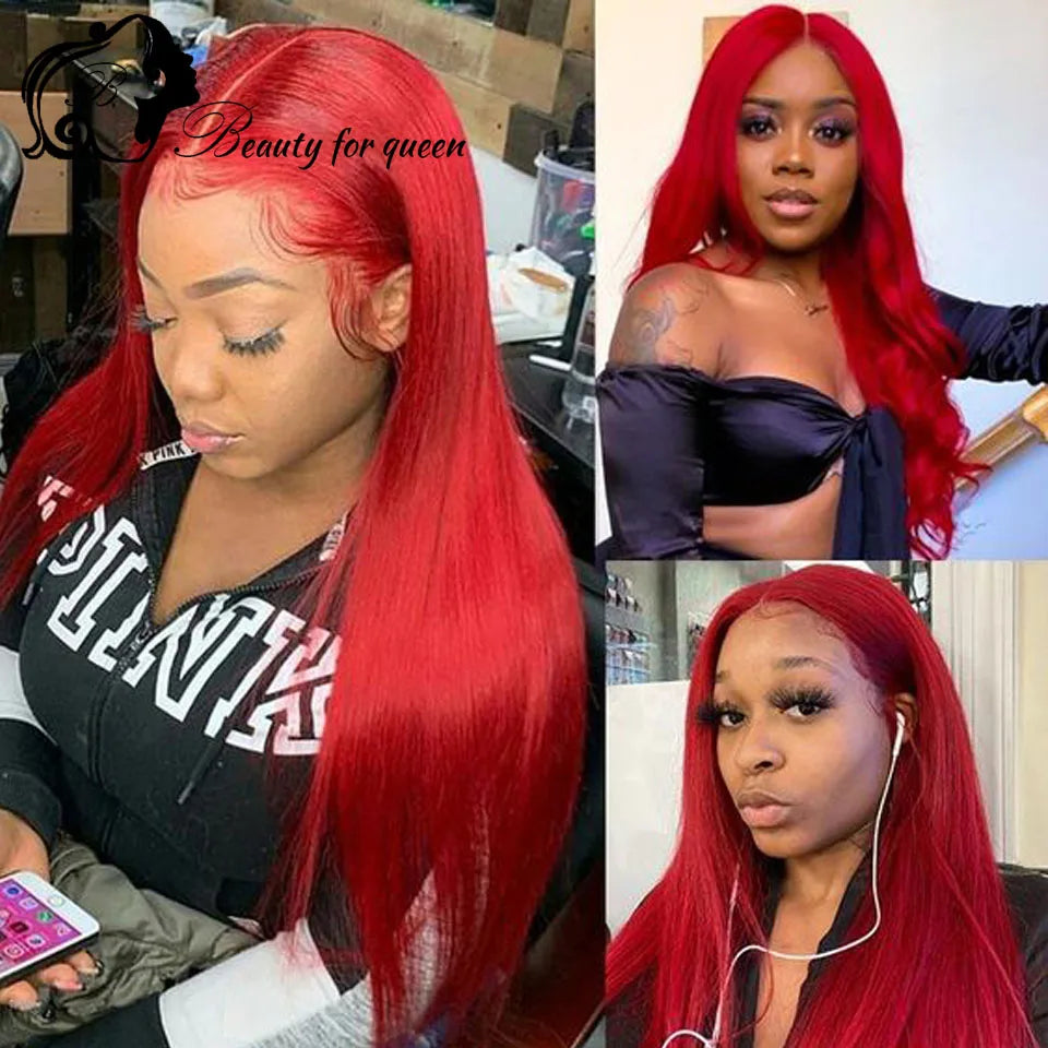 Red Long Straight Human Hair Wigs Extensions Invisible Lace Melting Colored 13x4 Lace Front Wig Glueless Wear And Go For Women
