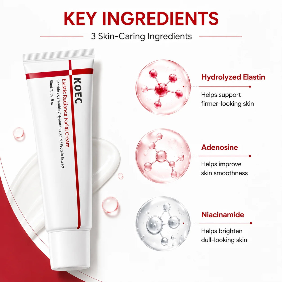 KOEC Elastic Radiance Facial Cream with Peptides, Ceramides & Centella Asiatica | Soothing Moisturizer for Face Cream, 1.69 Fl. oz
