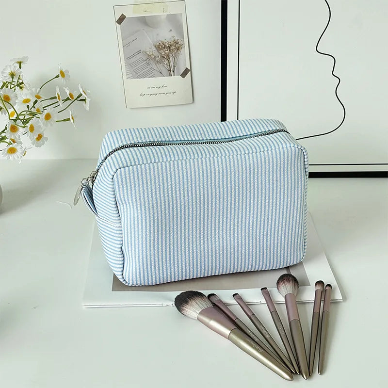 Personalized Striped Cosmetic Bag with Custom Text Embroidery Portable Travel Wash Bag Storage Pouch for DIY Makeup Skincare