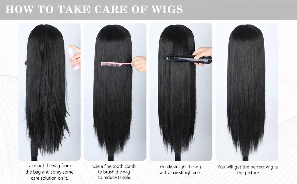 Anime Cosplay Wig Long Straight Flat Bang Synthetic Wig Anime Black Hair Wigs