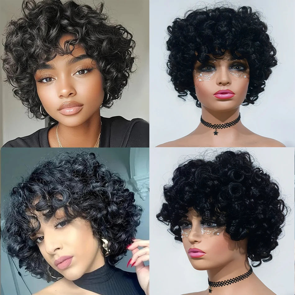 100% Brazilian Virgin Human Hair Short Curly Wigs for Black Women Non Lace Glueless Natural Black Deep Curly Wigs With Bangs