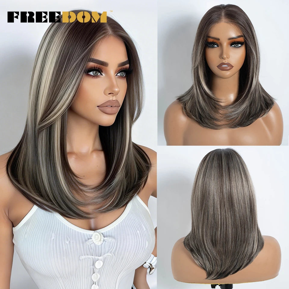 FREEDOM Synthetic Lace Front Wigs For Women Straight Bob Layered Wigs 13X3 Pre Plucked 16" Ombre Blonde Highlight Daily Use Wig