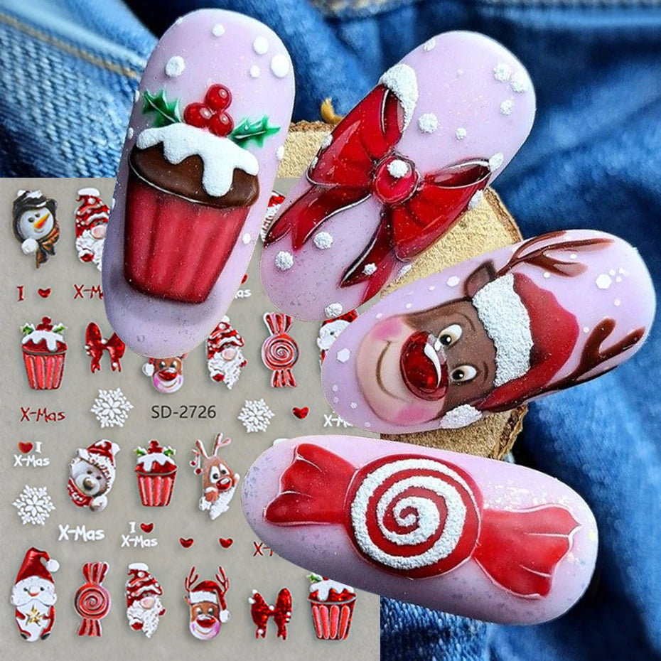2 pcs Christmas Series Nail Stickers Cartoon Santa Claus Snowman Deer Bear Penguin Nail Decals Winter Xmas Holiday Nail Supplies