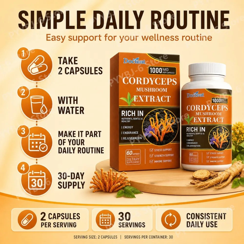 Docteat Cordyceps Mushroom Extract Capsules with Energy Mental Clarity Stress Balance Support Daily Vitality, 60 Capsules