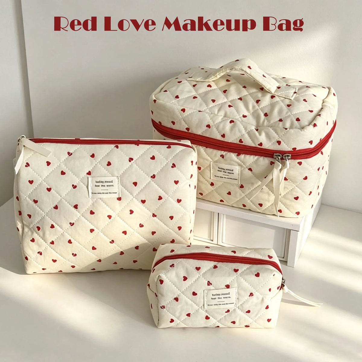 Portable Women Makeup Bag Red Love Makeup Storage Bag Multi-Functional Large Capacity Quilted Bag Travel Essential Storage Bag