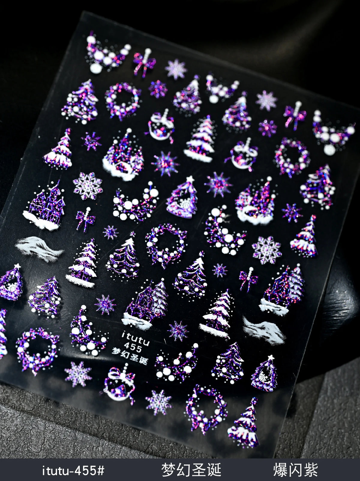 1pcs Laser Glitter Silver Purple Christmas Tree Crystal Ball Nail Sticker 5D Embossed Snowflake Christmas Nail Decals Nail Parts
