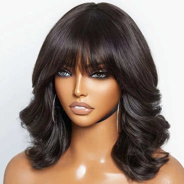 3X1 Middle Part Lace Curly Bob Wigs With Bangs Brazilian Hair Machine Made Short Bob Wig With Realistic Scalp Natural Black Color