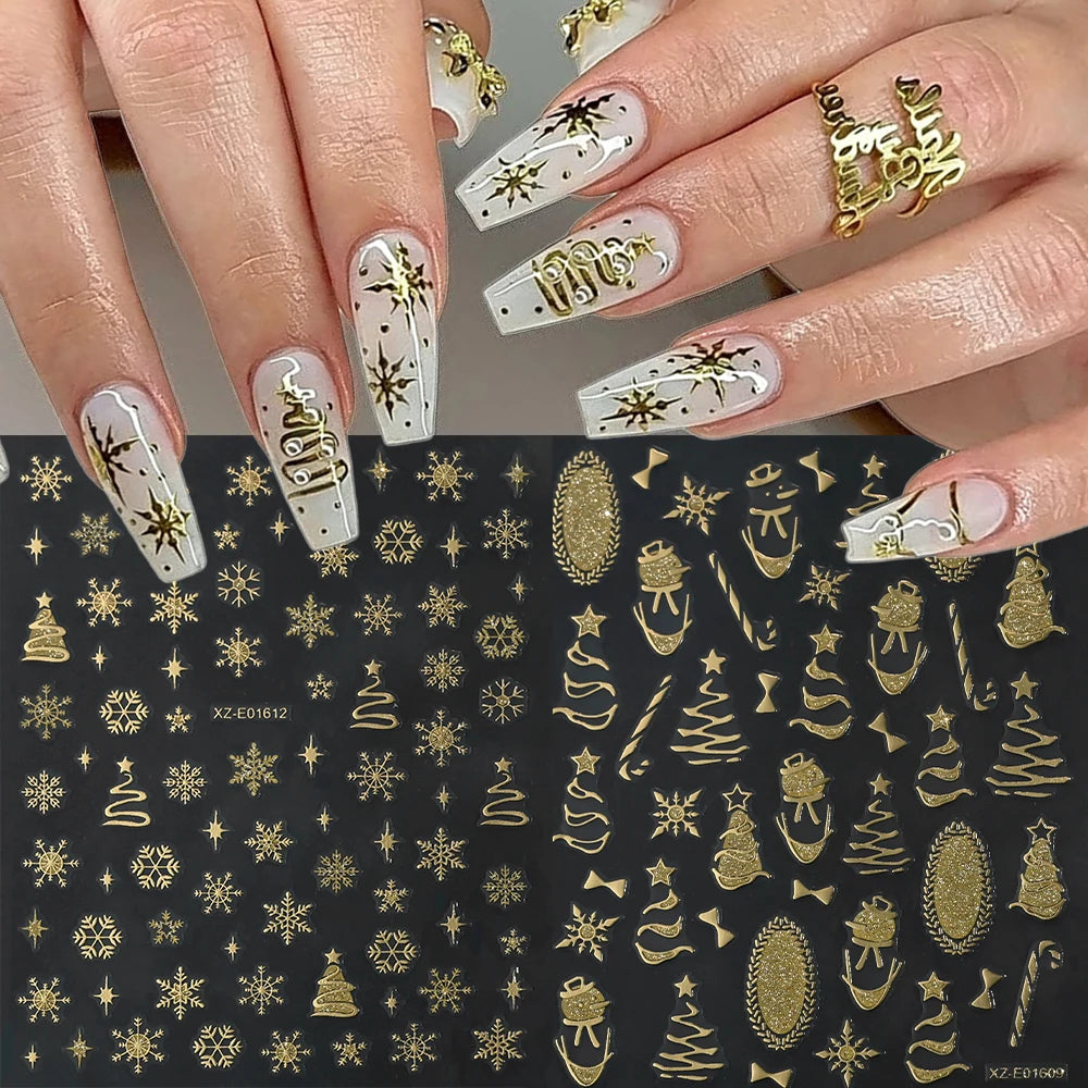 2pcs Gold Christmas Tree Snowflake Nail Art Sticker 3D Luxury Bronzing Glitter Snowman Star Bow Nail Decals Winter Xmas Nail Dec
