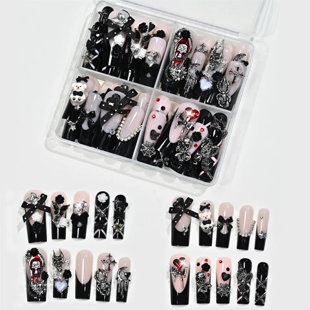 96PC Black French Long Coffin Halloween Press On Nails Y2K Cross Skull Spider Snake Bow False Nails Full Cover French Fake Nails