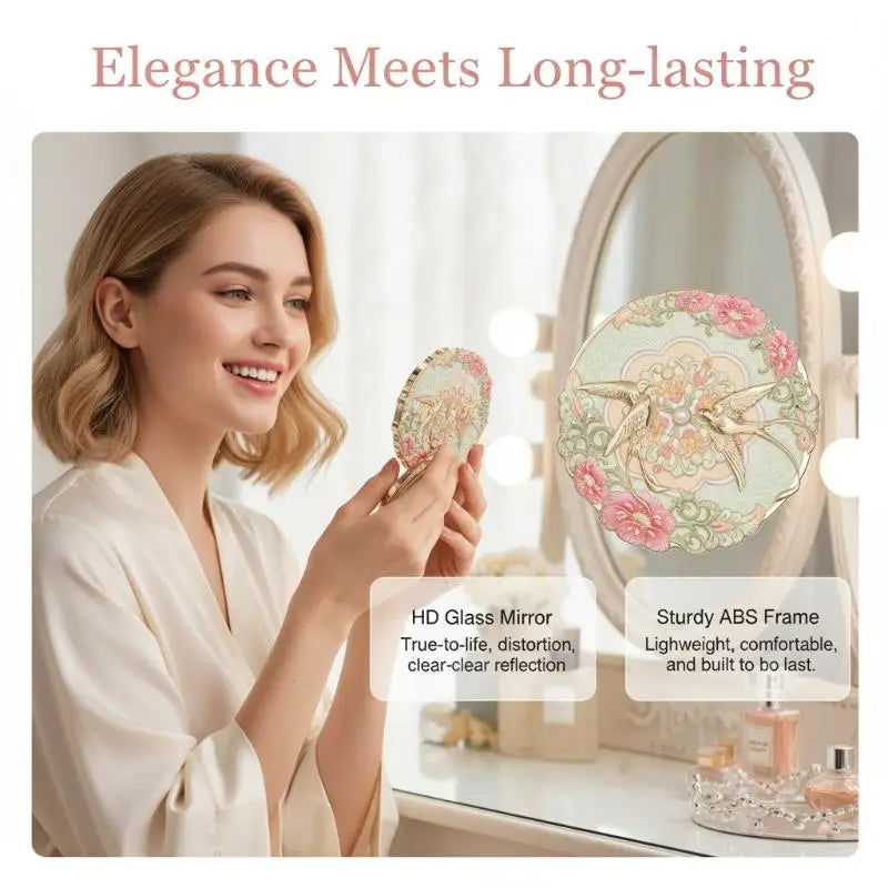 1Pcs Bird Metal Makeup Mirror Emboss Flower Pattern Cosmetic Mirror Exquisite Portable Chinese-style Makeup Mirror