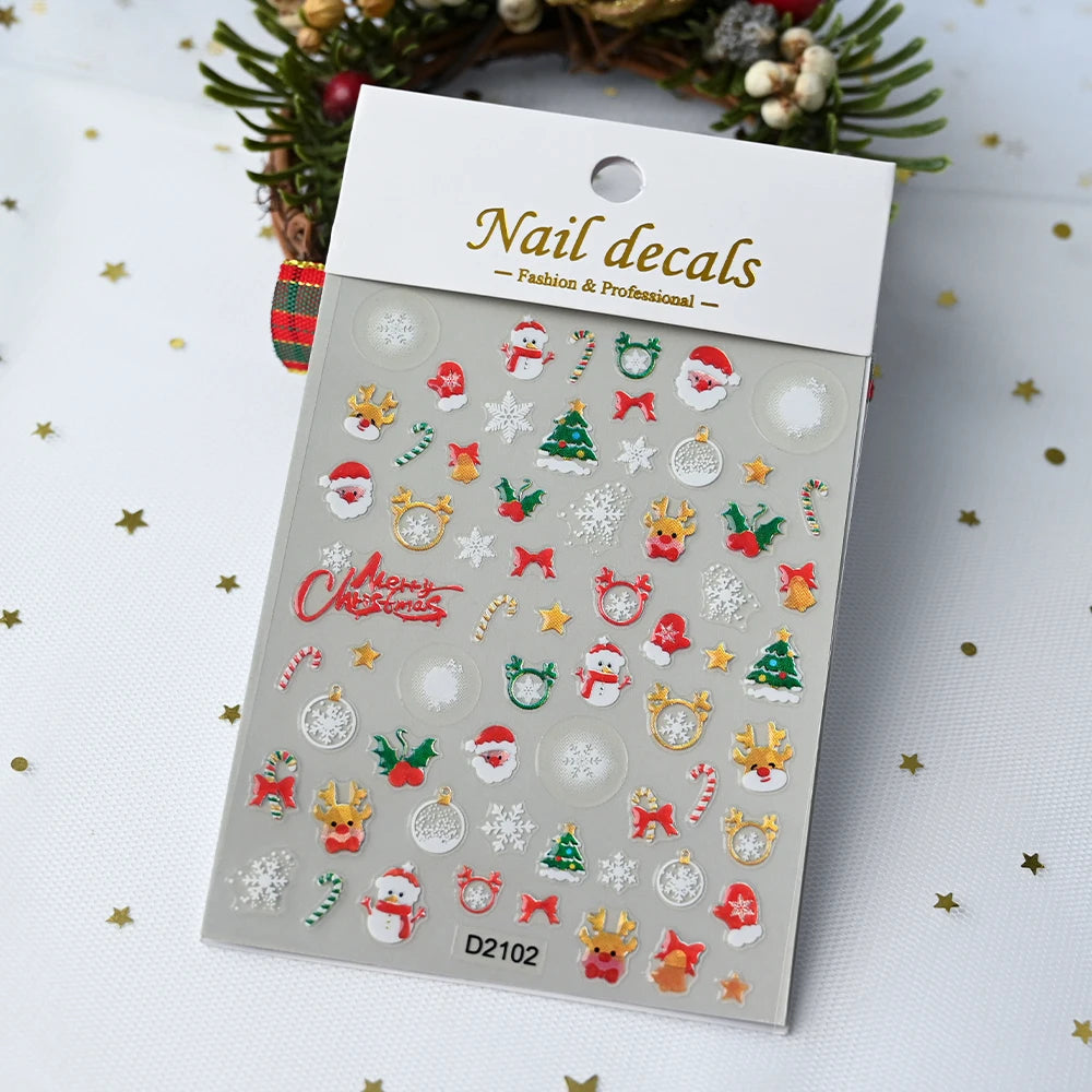 1pcs Laser Glitter Silver Purple Christmas Tree Crystal Ball Nail Sticker 5D Embossed Snowflake Christmas Nail Decals Nail Parts