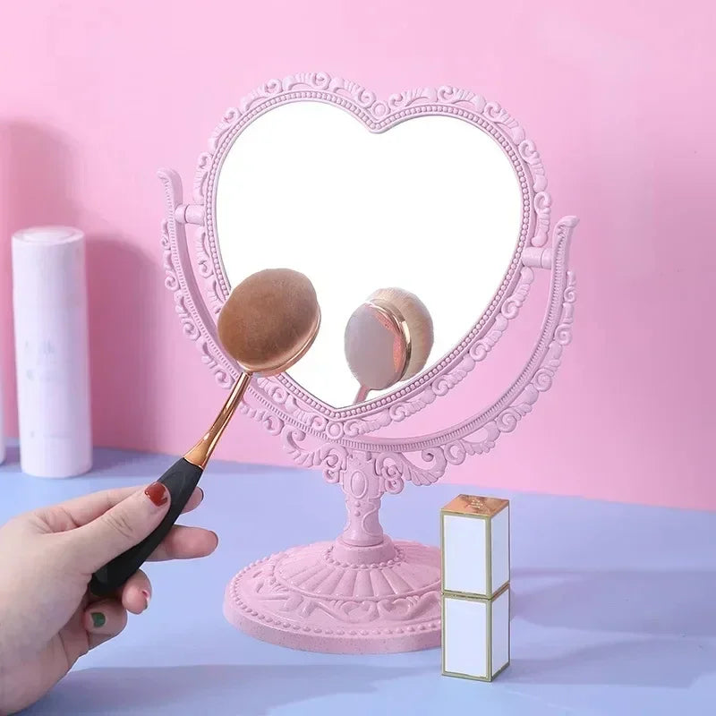 Pink Heart Shape European-Style Retro Make Up Mirror Lovely Girl Oval Princess Cosmetic Creative Retro Girls Student Dormitory