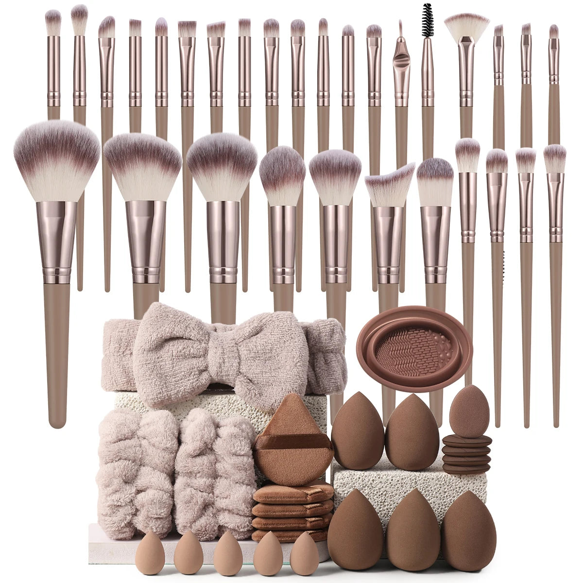 54PCS Makeup Tools: 30PCS Brush Set + 10PCS Makeup Sponges + 10PCS Powder Puffs + 4PCS Tools