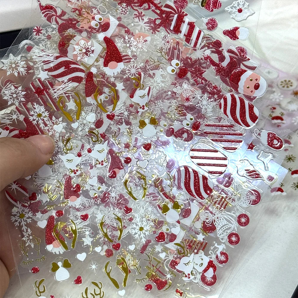 12Pcs Red Glitter Christmas Nail Sticker Gold Silver 3D Santa Claus/Snowflake/Elk/Snowman Winter Nail Decals Xmas Festival Decor