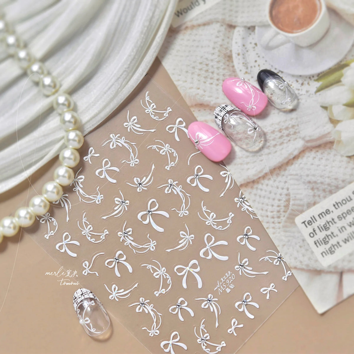 5D Shell Light Nail Stickers Small Fresh White Bow Ribbon Nail Charms Stickers Self Adhesive Nails Decorations Parts DIY Decals