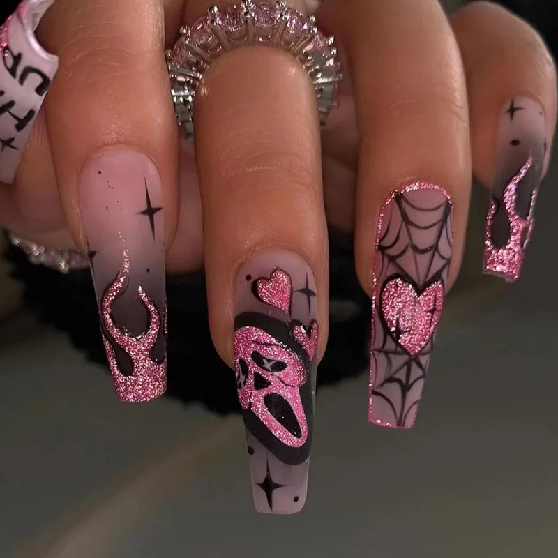 24pcs Glitter Pink Sequins Fake Nails 2026 Halloween Scary Skull Love Print False Nails Wearable European Ballet Press on Nails