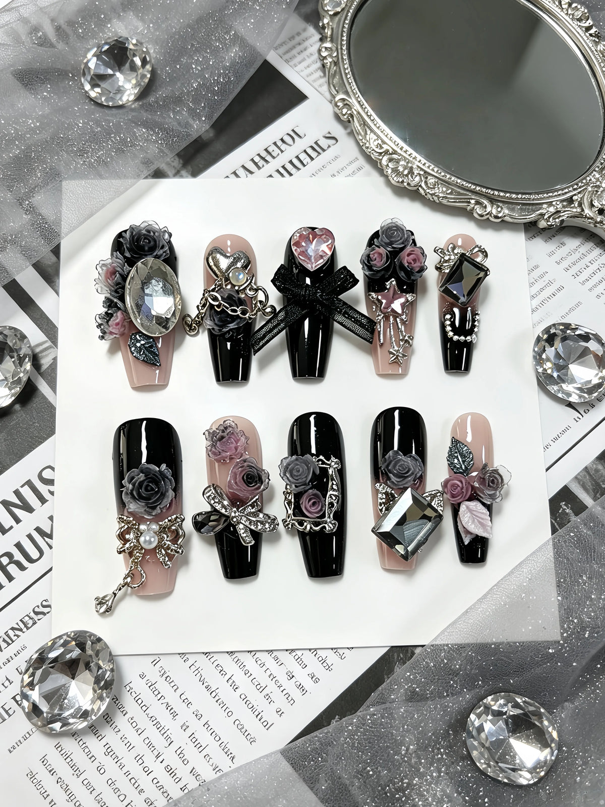 10-Piece Set of Long Trapezoidal Nails, Black Pink 3D Camellia Chain Pearl Dark Style Nail Tips, Gothic Sweet and Spicy Style Nails for Mature Women, Halloween Vibe Style, Heavy Craftsmanship, Light Luxury Style, Instagram St