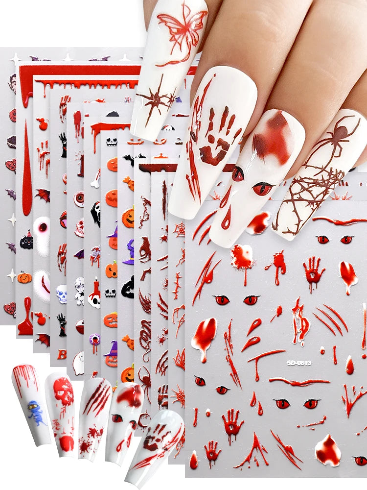 1sheet Bleeding Scars Skeleton Halloween Nail Stickers Ghost Face Pumpkin Eyeball Horrible Nail Decals Halloween Manicure Slider
