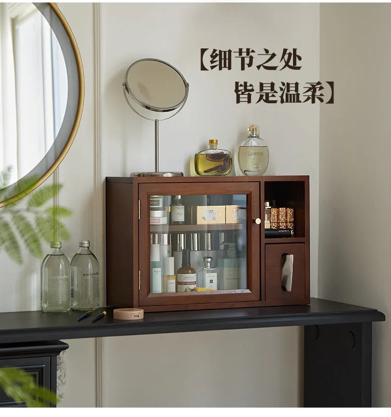 Mid Century Solid Wood Cosmetic Storage Box Drawer Organizer for Perfume Skincare Desktop Vanity Cabinet Rustic Makeup Holder