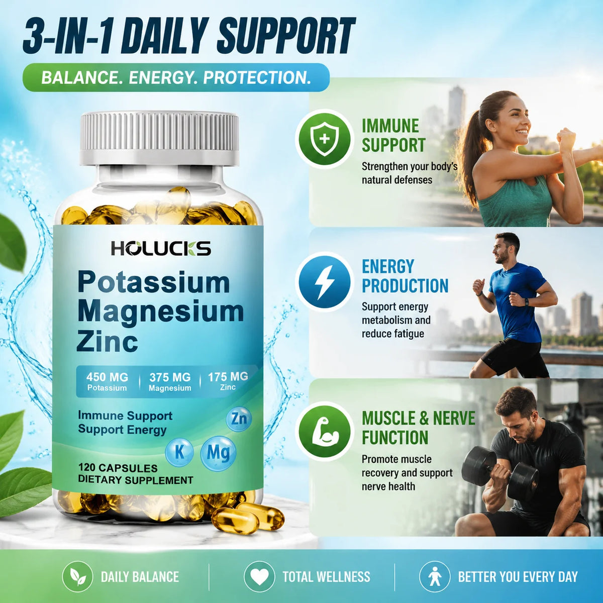 Potassium Magnesium Zinc Capsules - Bone & Heart Health Supplement, Sleep Support, Muscle Relaxation, Stress & Anxiety Relief