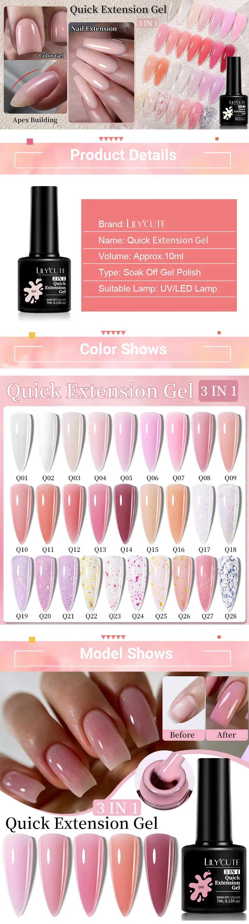 LILYCUTE 7ML Quick Extension Nail Gel Vernis Semi Permanent Acrylic Crystal White Clear Nude Gel Nail Polish UV Construction Gel