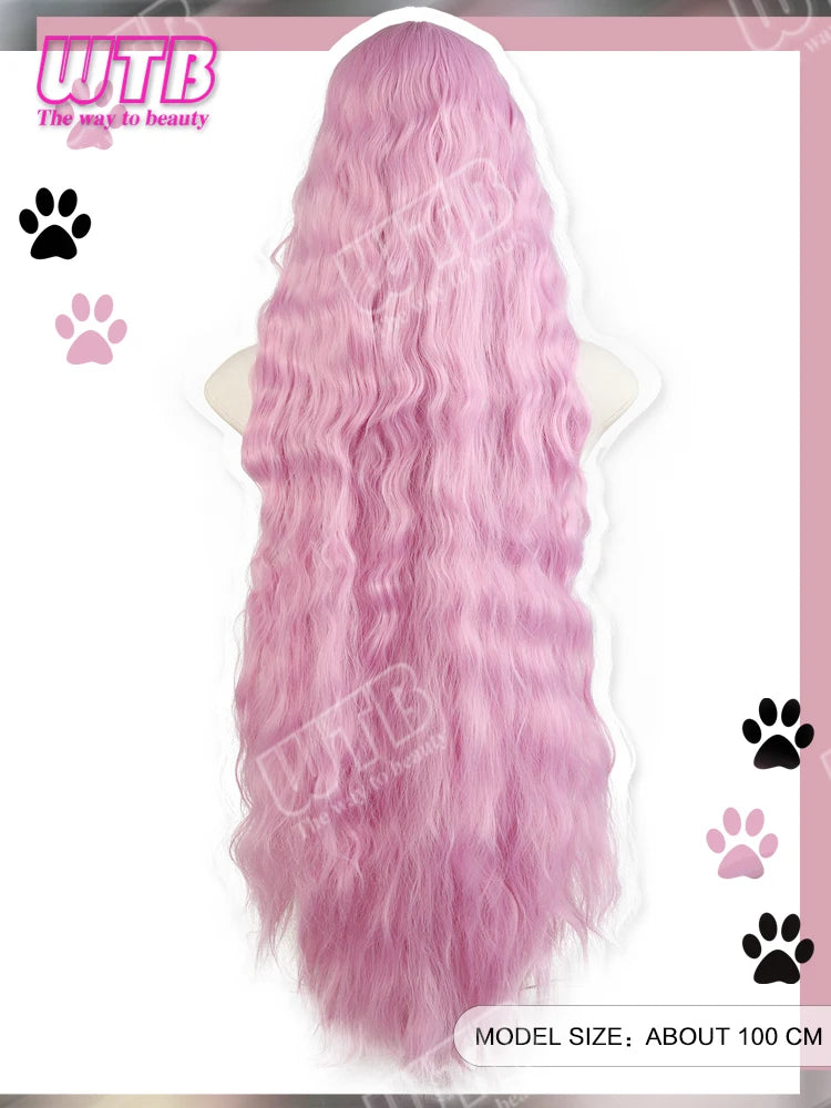 Synthetic Wig Pink Extra Long Wavy Curly Wig Lolita Wig with Bangs Suitable for Women to Wear for Holidays Parties and Cosplay