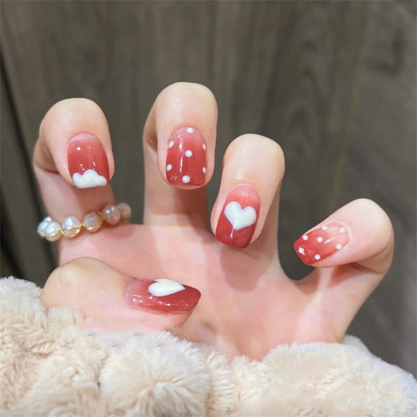 24 Pcs/Set Valentine's Day Long Almond Fake Nails Shape Novelty Pearl Bow Love Press on Nails Art Full Cover Stick-on Nails Tips