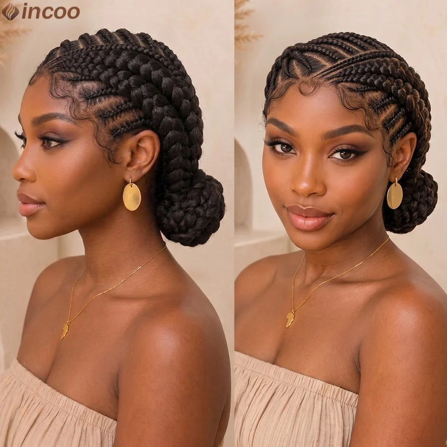 Short Bantu Knotless Braided Wigs Synthetic Full Lace Wig Box Braids Low Buns Wig Glueless Cornrow Braiding Hair Wigs For Women
