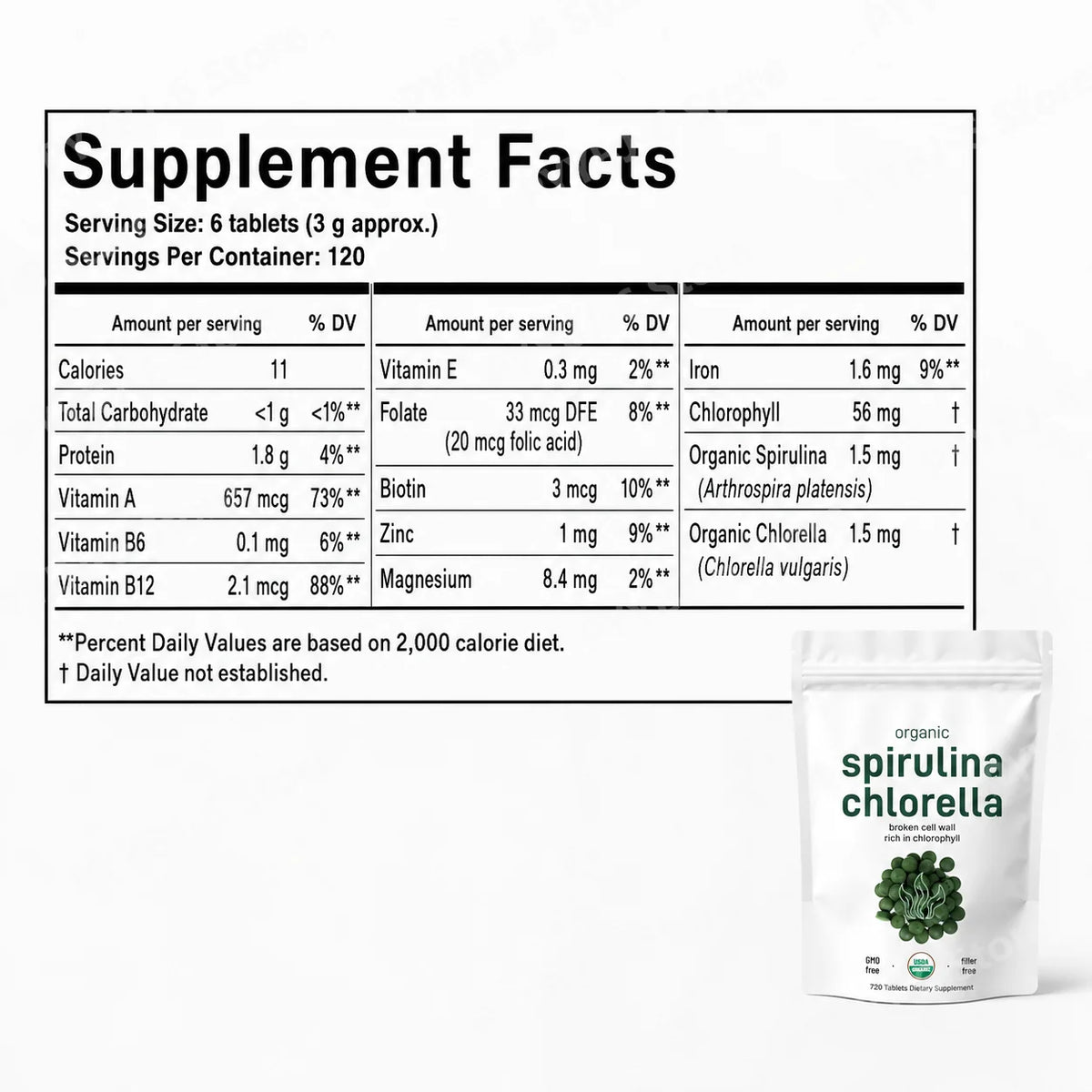 Organic Spirulina Chlorella Tablets 3000mg 720 Count Superfood Blend with Vegan Protein Energy Immunity Digestive Support